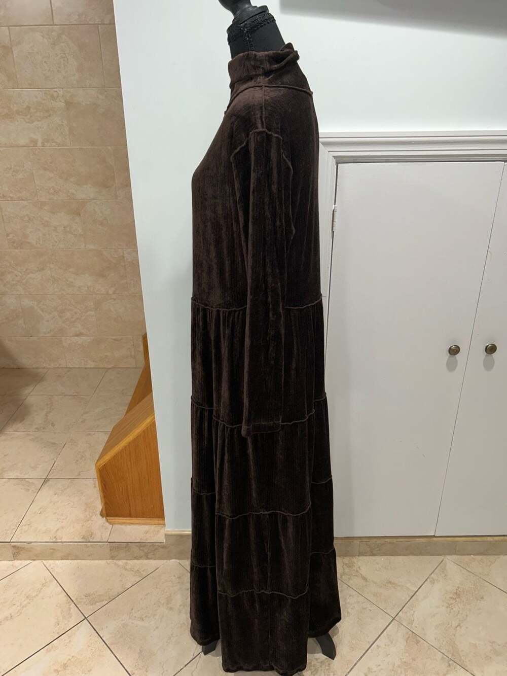 Riki Roy Brown Corduroy Tiered Maxi Dress Mock Neck Long Sleeve Size M - Picture 5 of 7